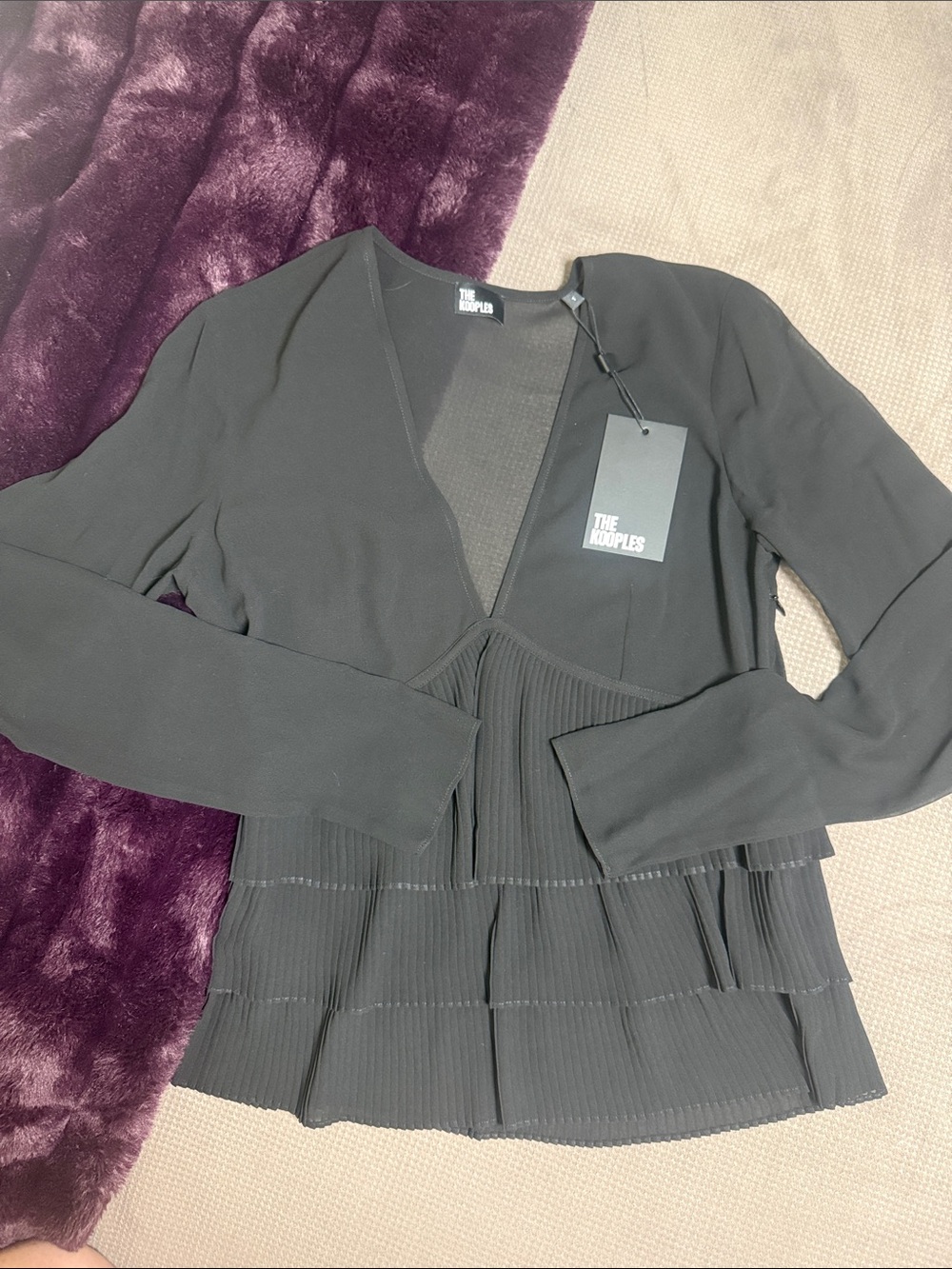 NWT The Kooples Black Pleated Peplum V-Neck Long Sleeve Top Size 1 (S)